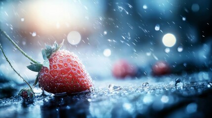 A close-up of a ripe red strawberry resting on a dark, wet surface, with raindrops falling and creating ripples. In the background, out-of-focus strawberries an