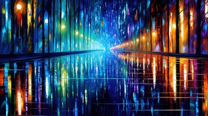 A vibrant, impressionistic depiction of a street at night with colorful lights reflecting on a wet, mirrored pavement. The scene is abstract and dreamlike, with