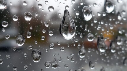 Raindrops on a window, with a blurred cityscape in the background.