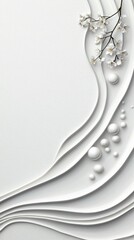 A delicate branch of white cherry blossoms cascades over abstract, flowing white waves and a scattering of small white spheres, creating a serene and elegant co