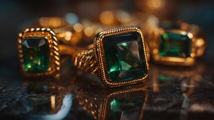 Several ornate gold rings featuring deep green rectangular gemstones rest upon a dark reflective surface.