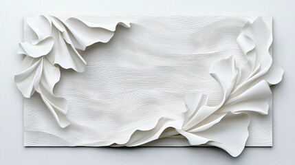 A textured white sculpture with flowing fabric elements and a background of fine horizontal lines, creating a sense of movement and elegance.