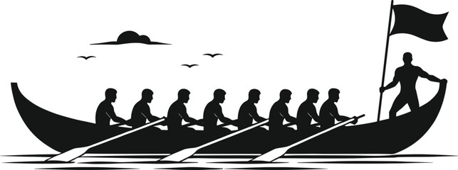 Black silhouette of a rowing team in a longboat with a flag bearer at the front black and white