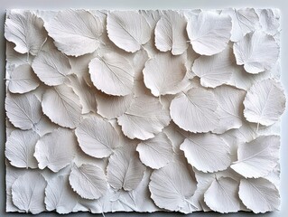 A textured collage of numerous white, delicate leaves arranged in an overlapping pattern against a white background, creating a subtle, organic, and airy feel.