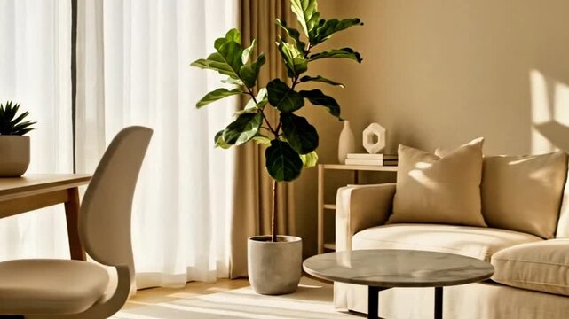 Monochromatic Living Room with Fiddle Leaf Fig and Beige Modern Furniture