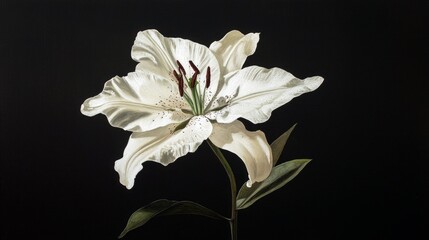 A single, elegant white lily flower with prominent stamens and delicate petals, set against a stark black background. The lighting highlights the texture and fo