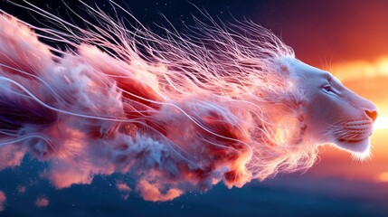 A profile view of a majestic white lion's head, its mane transforming into ethereal pink and orange clouds and wisps, set against a dramatic sunset sky with hin