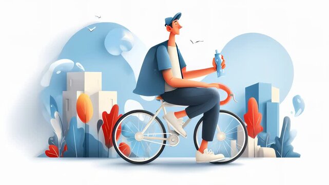 A young man riding a bicycle while holding a drink, surrounded by colorful urban elements and a light blue background.