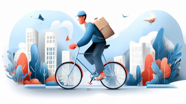 A delivery cyclist rides through a stylized city landscape with trees and buildings, embodying urban life and transportation.