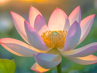 Bathed in morning light, the lotus glows with pastel petals and a golden heart of stamens and seed.