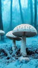 Close-up of white mushrooms with distinctive spotted caps and gills, growing from the forest floor covered in frost or snow. The background features blurred tre