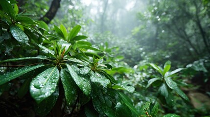 A lush forest scene with green leaves and a misty atmosphere,