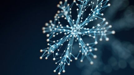 A blue and white abstract snowflake design with a dark blue background.