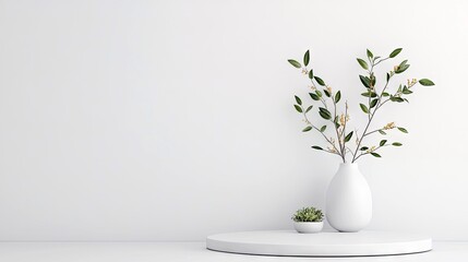 A white vase holding delicate green branches with small yellow flowers and a tiny succulent plant sit on a white circular pedestal against a plain white wall. T