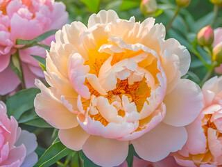 A blooming peony unfurls its creamy petals, blushing with pink and glowing with golden warmth at the heart.