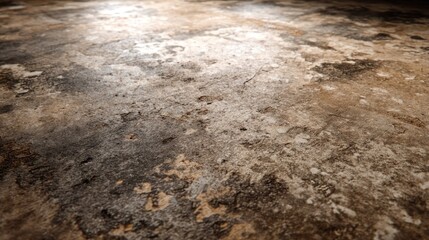 A dirty, worn-out concrete floor with patches of dirt and grime, illuminated by a single light source, casting shadows and creating a textured, gritty surface.