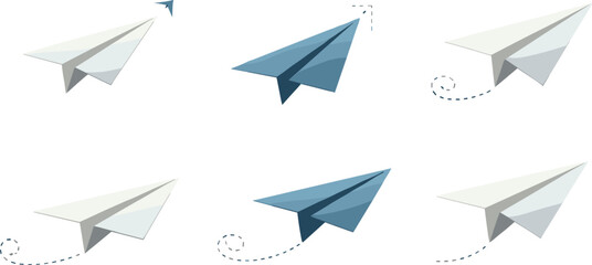 Six paper airplanes in white and blue with dashed flight paths origami travel