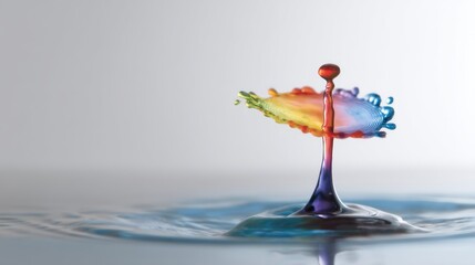 A colorful droplet of paint or ink, with a vibrant rainbow spectrum of colors, bouncing off a reflective surface, creating a dynamic and visually striking image. 