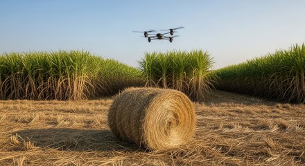 Drone surveying a harvested sugarcane field with a large hay bale.