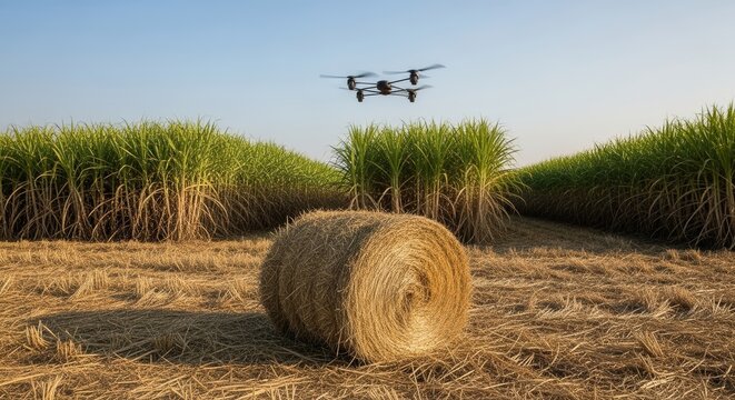 Drone surveying a harvested sugarcane field with a large hay bale.