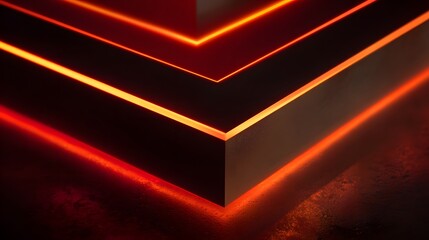 Glowing orange chevrons point downward against a dark, textured background