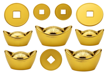 Fortune awaits with these golden Chinese coins and sycees, perfect for Lunar New Year celebrations and prosperity-themed designs, embracing wealth and tradition