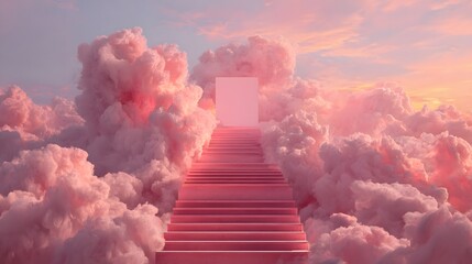 Stairway ascends through vibrant pink clouds toward a bright doorway in the sky