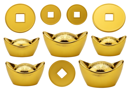 Fortune awaits with these golden Chinese coins and sycees, perfect for Lunar New Year celebrations and prosperity-themed designs, embracing wealth and tradition