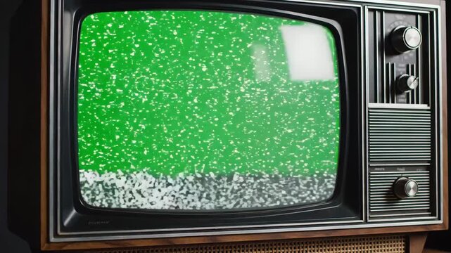 Vintage Television Static Screen - A close-up shot of an old, wood-paneled television set displaying a static green screen. The retro TV has analog dials and a dark frame around the screen.