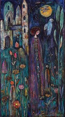 A stylized painting depicting a woman in a flowing cloak standing in a garden filled with fantastical flowers. A bird, a castle, and a moon are visible in the b