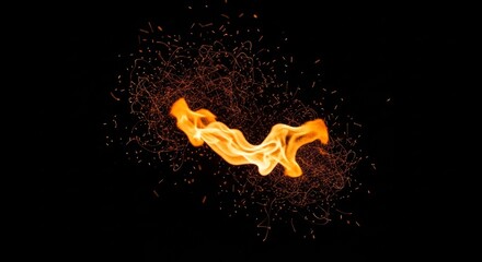Fiery Abstract Swirl with Sparks on Black Background.