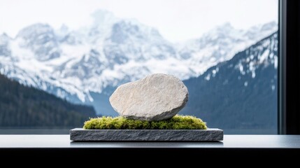 A single, light-colored stone rests on a bed of vibrant green moss, which is placed on a dark grey rectangular base. The arrangement is positioned indoors, with