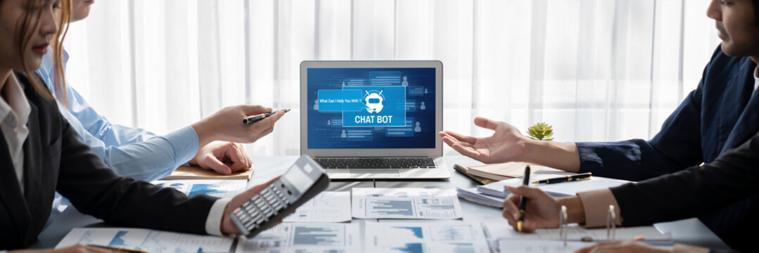 Business intelligence and data analysis concept. Analyst team working on financial data analysis dashboard on laptop screen as marketing indication for effective business strategic planning. Insight