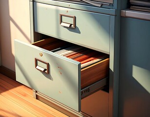 Filing Cabinet with Open Drawer and Documents.