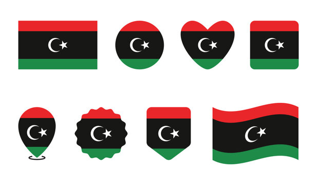 Independence day displays eight different shapes of the flag of libya celebrating national pride.