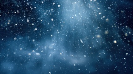 Naklejka premium A snow-covered landscape with a blue sky and white snowflakes falling, creating a serene and wintry atmosphere.