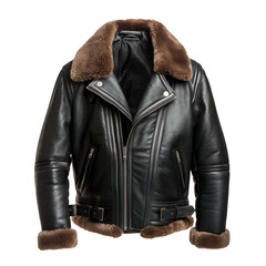 Black leather jacket with shearling detail, offers a modern design. Product staging, branding, posters.