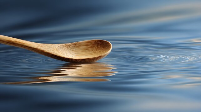 Natural wooden spoon rests lightly upon rippling dark blue water surface - Powered by Adobe