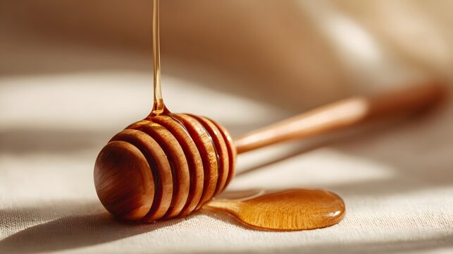 Viscous golden liquid streams onto a wooden utensil resting on a textured surface