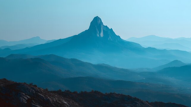 Layered mountain ranges recede into a soft, monochromatic blue atmosphere under a clear sky.