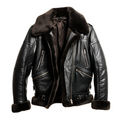 Black leather jacket with fur collar isolated. Use this garment for fashion blogs, product display, or branding with transparent background.