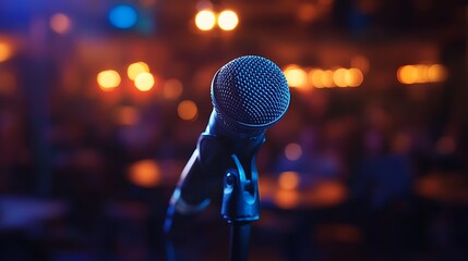 A microphone on a stand in a dimly lit venue with blurred lights in the background on the stage area