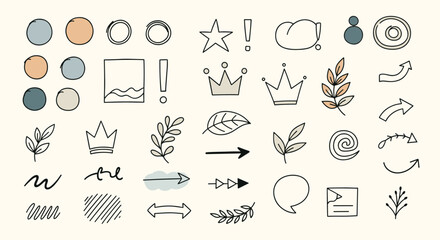 Collection of whimsical hand-drawn doodle icons and design elements in a natural color palette, perfect for creative projects.