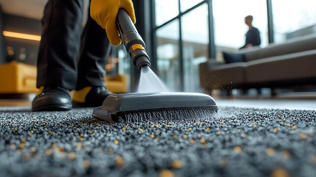Close up of a person cleaning a gray and yellow carpet with a steam cleaner in a modern interior