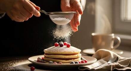Hands sprinkling powdered sugar on a stack of pancakes with berries on a plate