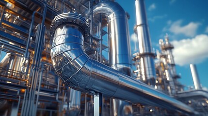 Close up view of industrial pipes and machinery under a bright blue sky with white clouds