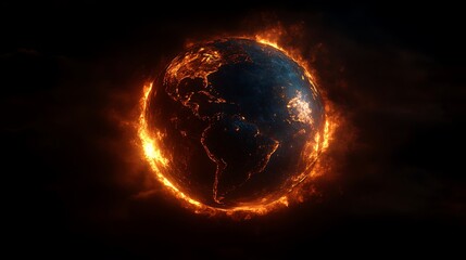 A burning earth globe surrounded by flames and smoke against a dark black background design view