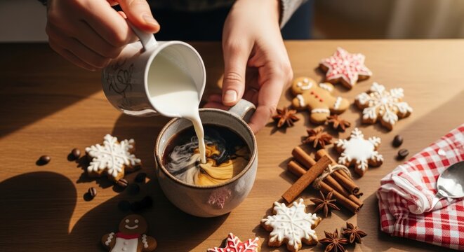 Person pouring milk into a cup of coffee on a wooden table with cookies and spices