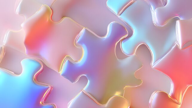 Several interconnected puzzle pieces display iridescent, smooth surfaces with soft, pastel reflections - Powered by Adobe