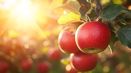 Close up of ripe red apples hanging on a tree branch with sunlight shining through the leaves